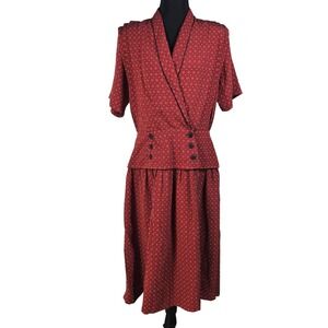 Laura Henson Vintage Red Polka‎ Dot Midi Dress Double Breasted Short Sleeve 12